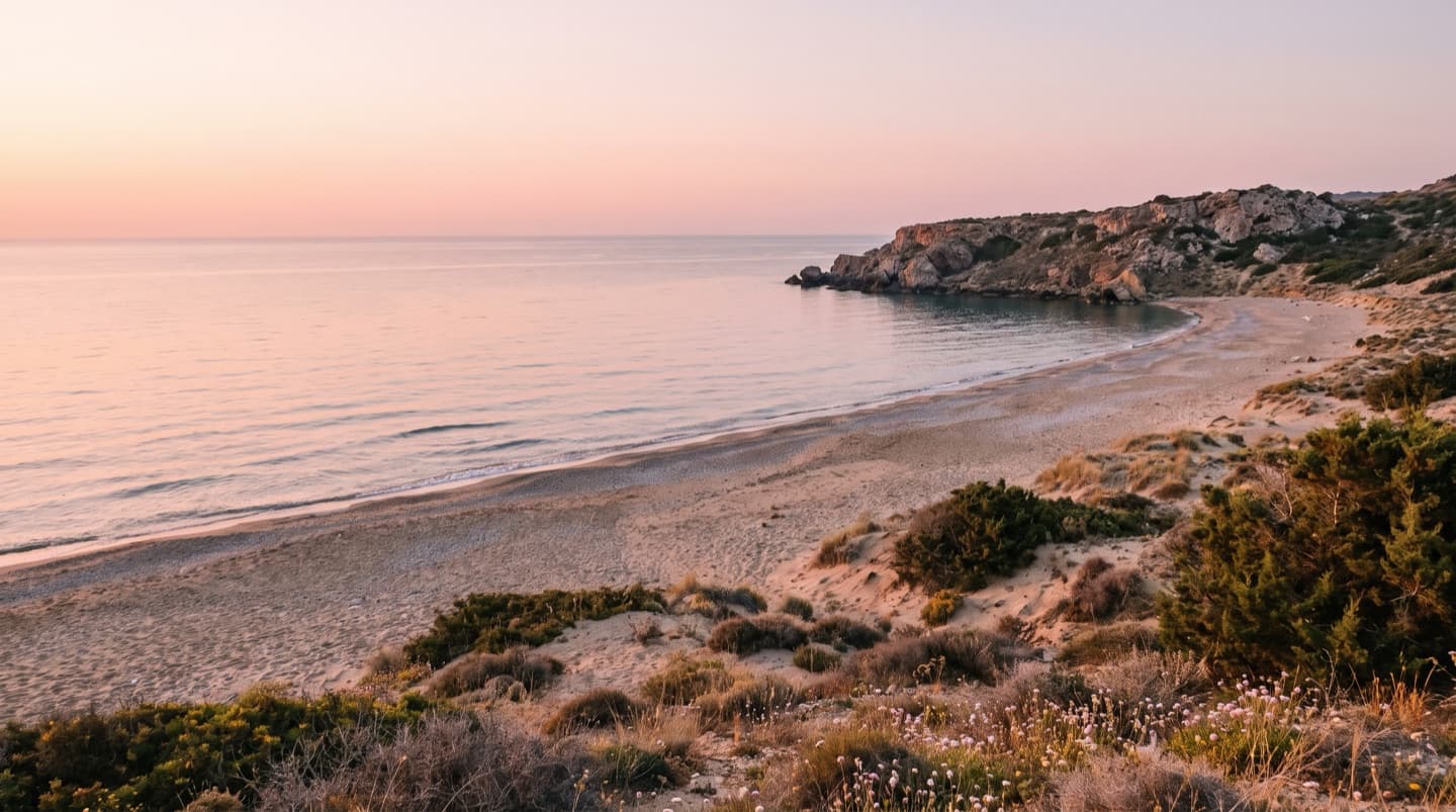 Eine weite leere Sand- und Kiesbucht im ersten Licht, unberührter Sand bis zu niedrigen Dünen und trockener Macchia