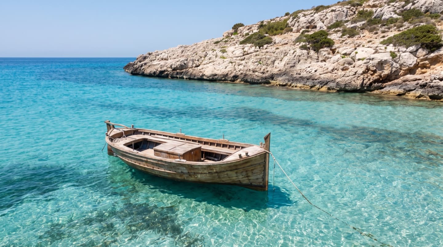 Ein kleines offenes Holzboot vor Anker auf klarem türkisfarbenem Wasser neben einer schroffen Kalksteinlandzunge
