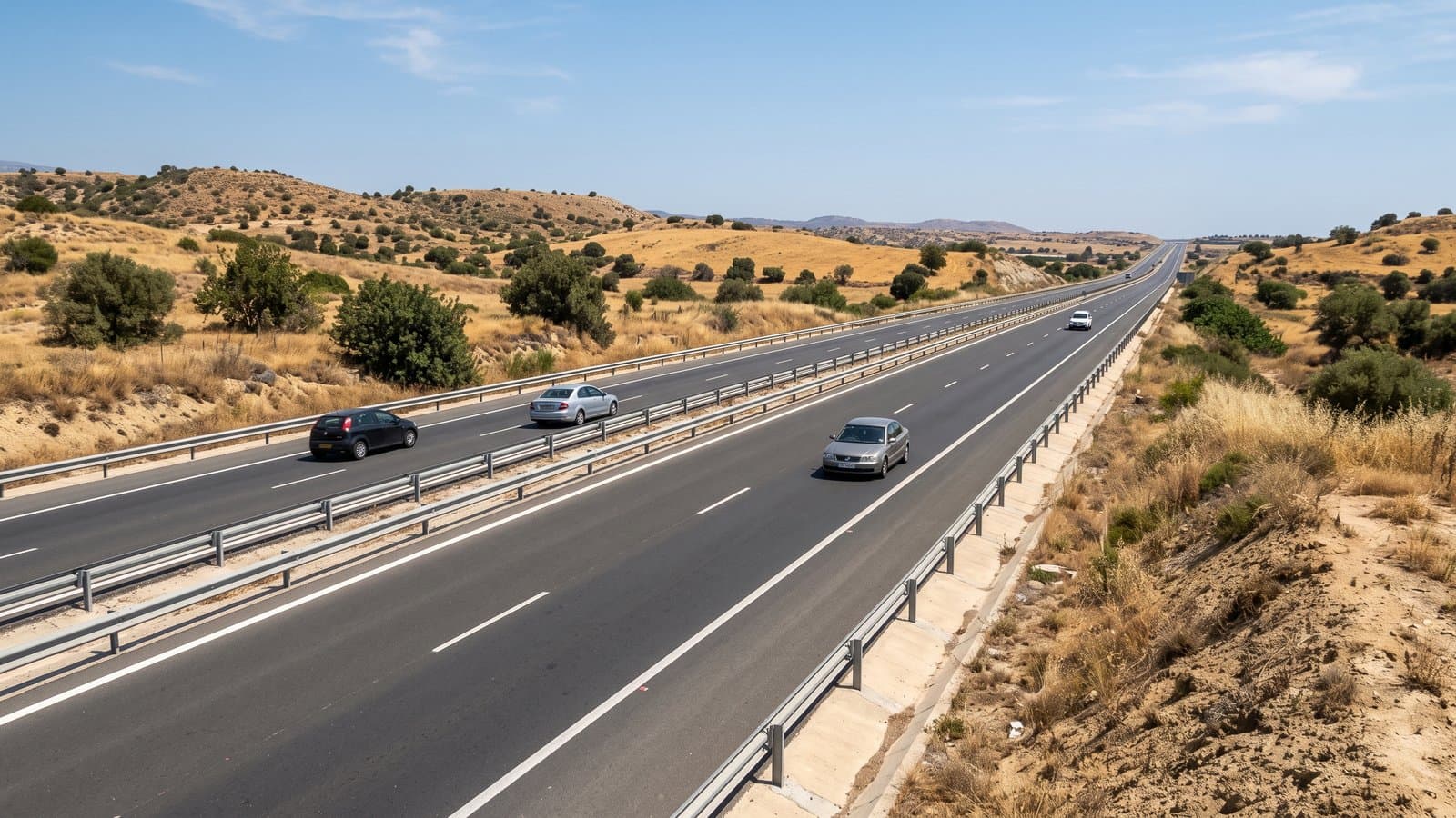 A Cyprus motorway seen from above: two lanes each way, crash barriers, dry hills either side and light traffic