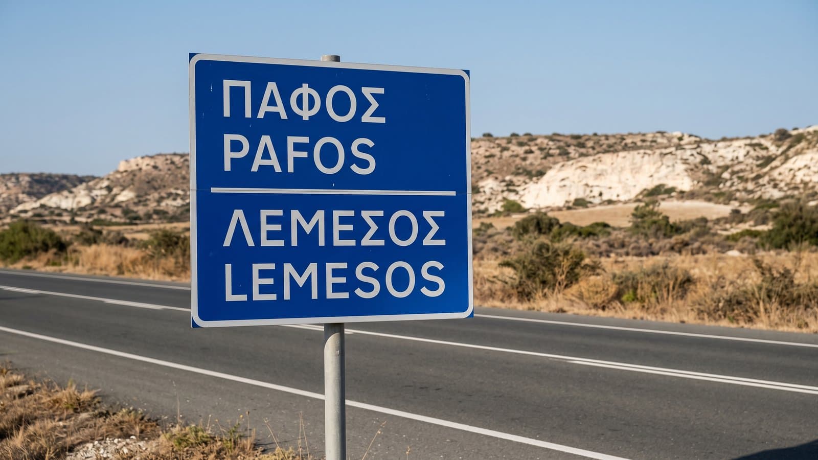 A blue Cyprus direction sign beside a sealed road, reading ΠΑΦΟΣ over PAFOS and ΛΕΜΕΣΟΣ over LEMESOS
