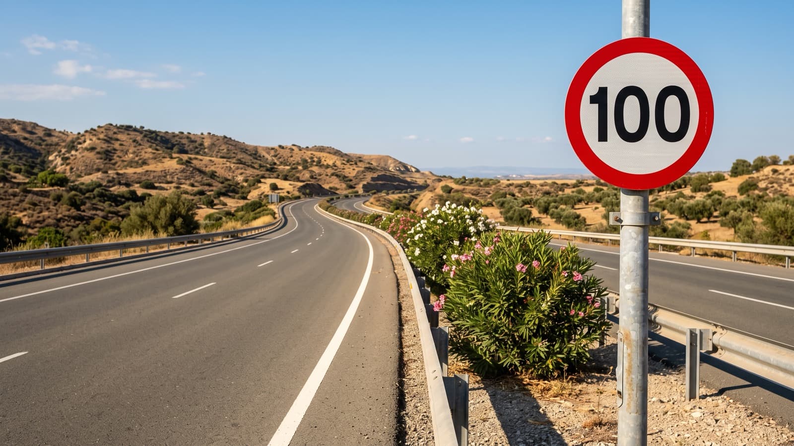 Rundes Verkehrszeichen mit rotem Rand und der Zahl 100 an einer leeren zyprischen Autobahn