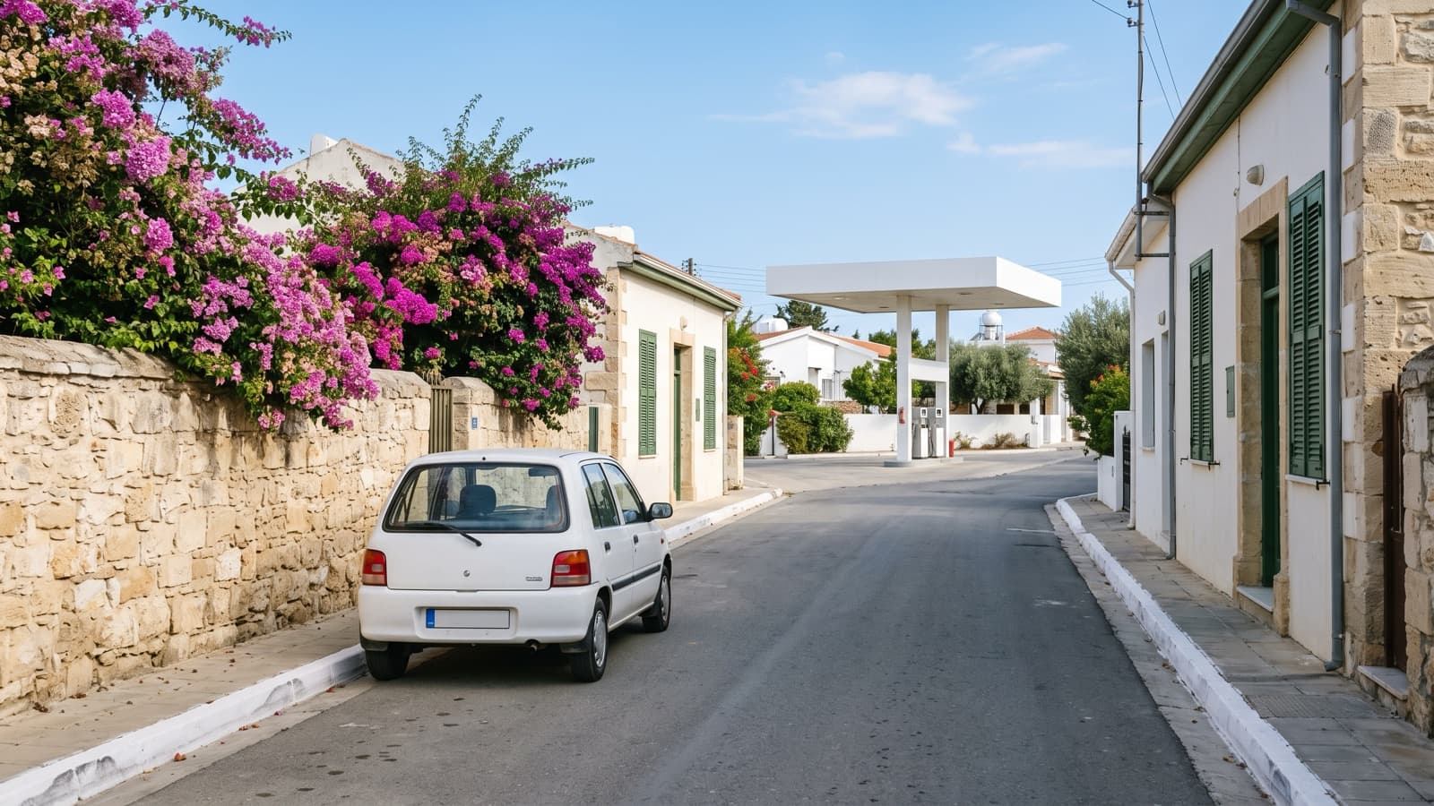 Ein Auto am Bordstein in einer ruhigen Straße in Paphos, weiter hinten das Dach einer Tankstelle