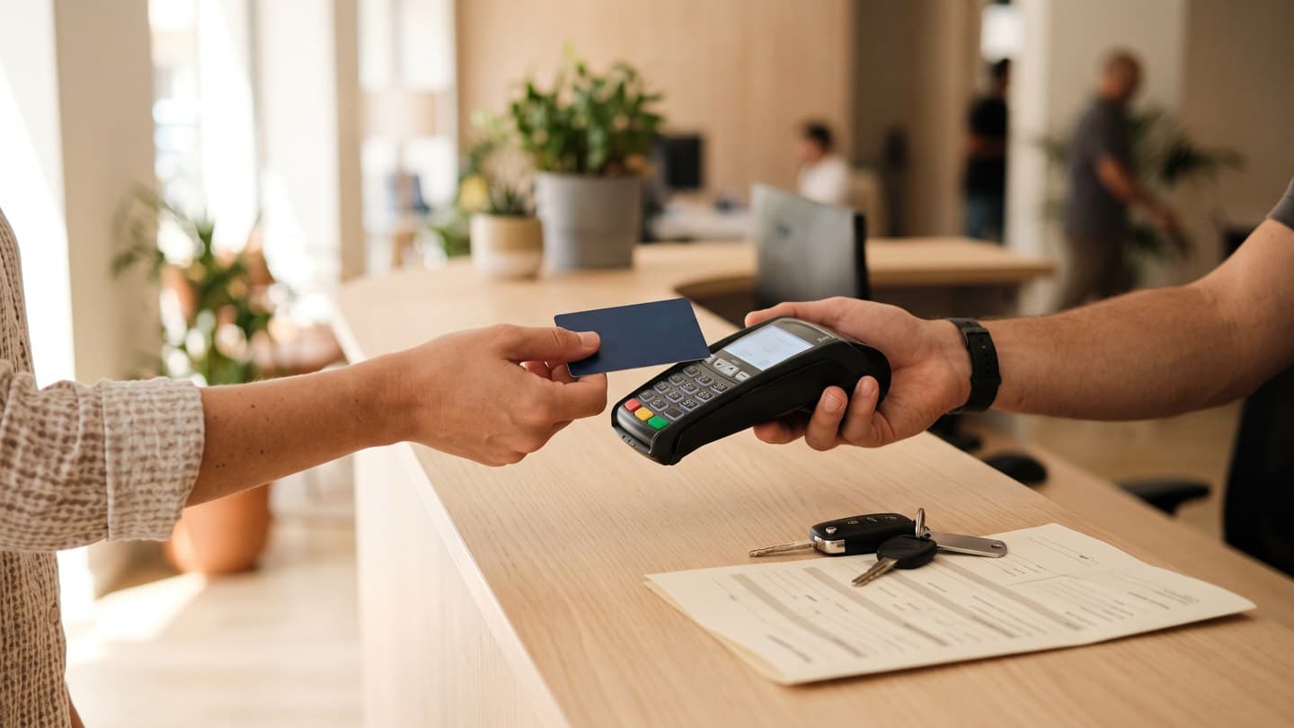 A hand passing a plain bank card to a second hand holding a card terminal across a pale counter, with car keys and a folded printed agreement beside them
