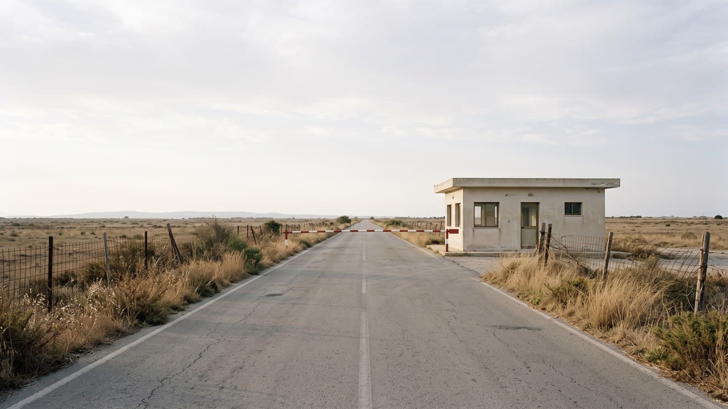 An empty asphalt road running towards a lowered barrier and a low flat-roofed checkpoint building under a wide pale sky, dry grass and wire fencing along the verge