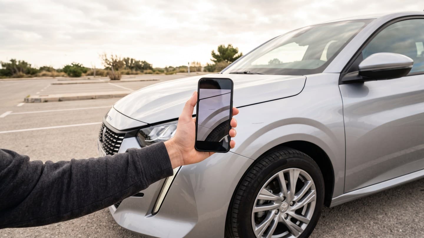A hand holding a smartphone up close to the front wing of a clean current-model silver hatchback in an empty car park, the phone screen showing the same body panel framed for a photograph