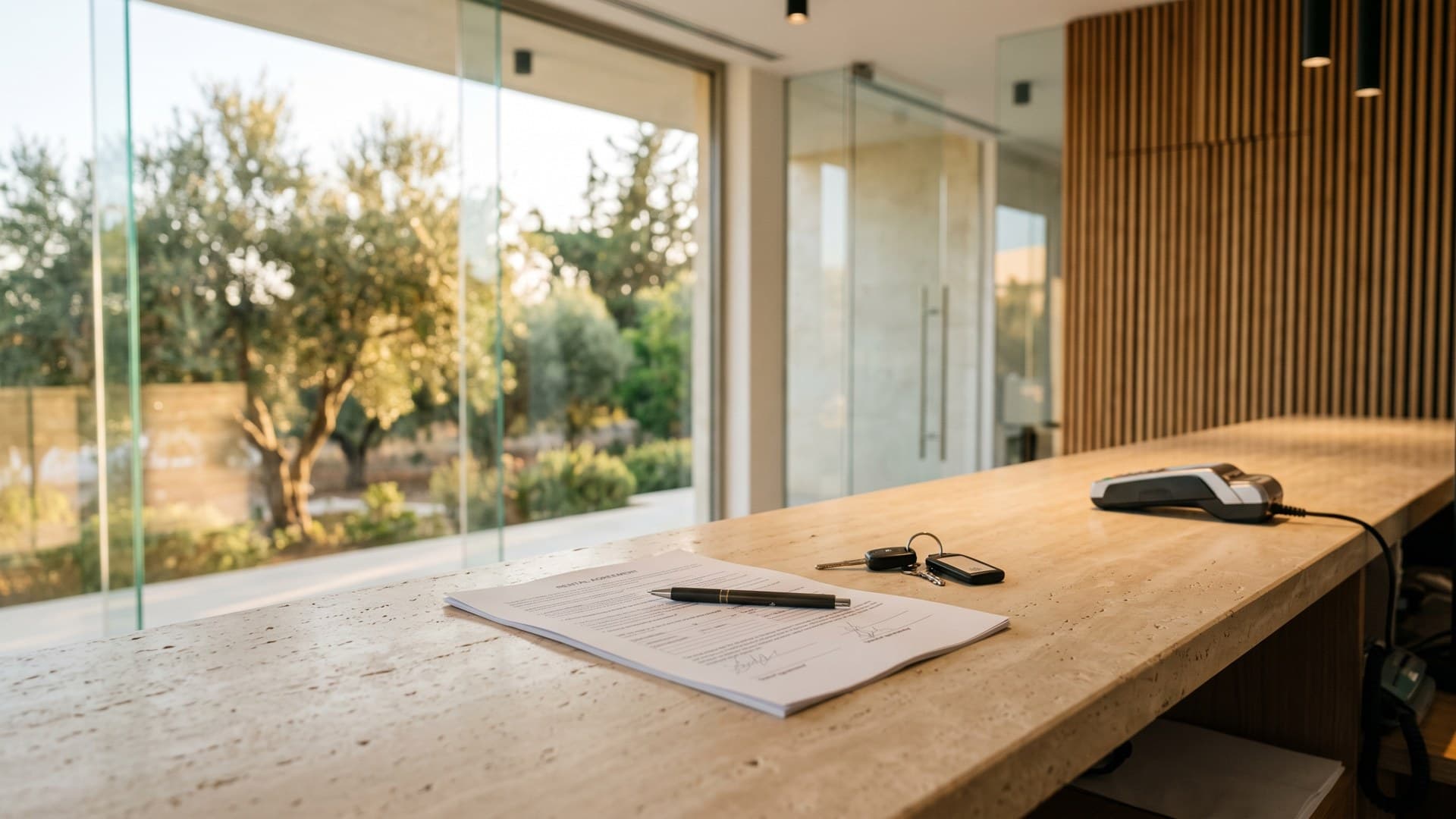 An empty car rental counter in a modern stone and glass office, with an open printed rental agreement, a pen, a set of car keys and a card terminal on the pale stone surface, olive trees through the window behind