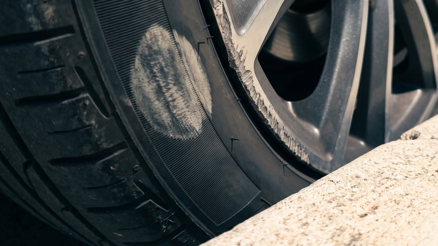Close view of a car tyre sidewall scuffed grey against a pale stone kerb, with fresh scrape marks along the outer lip of the alloy wheel behind it