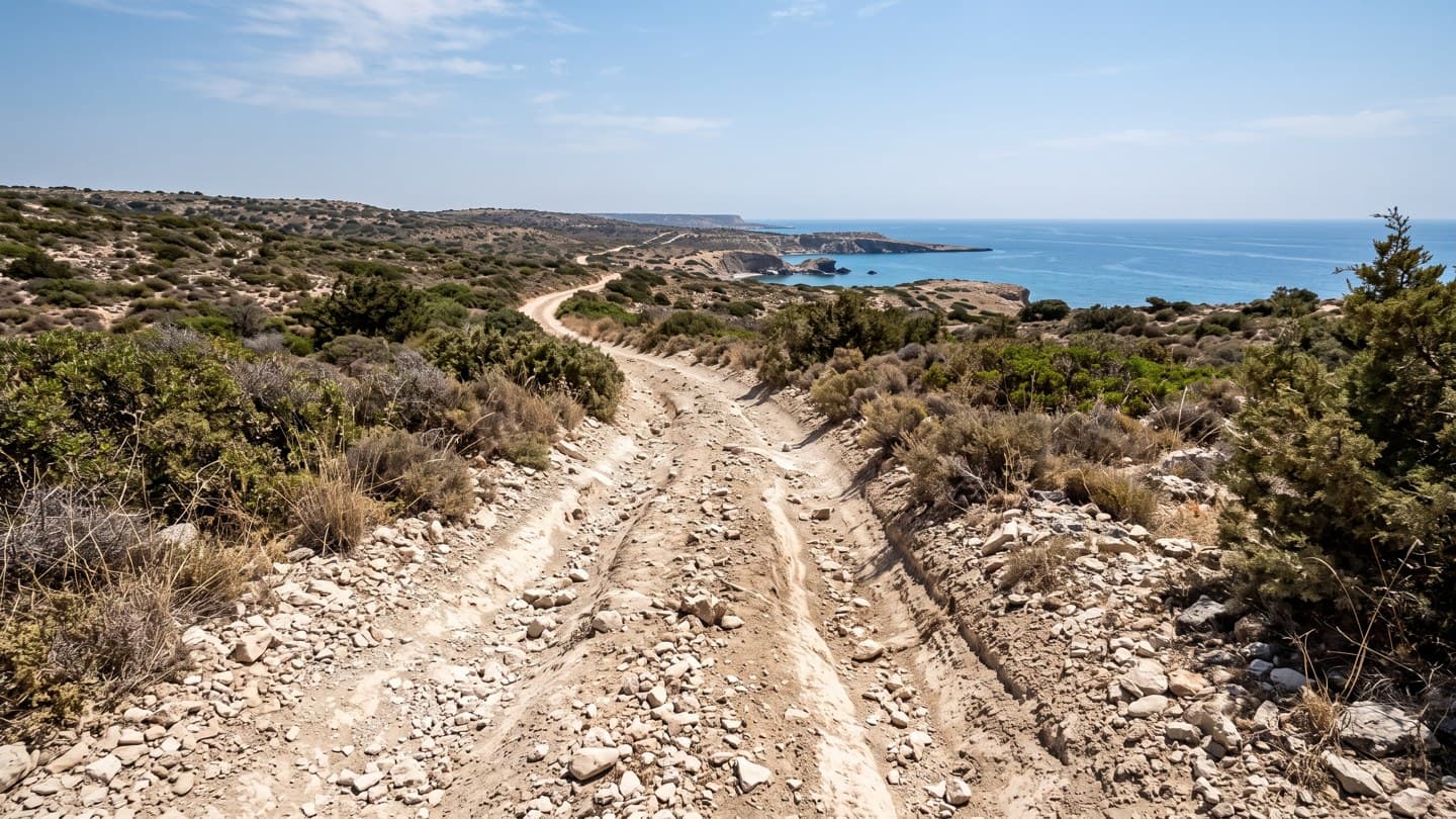 A dusty unsealed limestone track with deep tyre ruts and loose stones winding through low dry scrub towards the sea in Cyprus