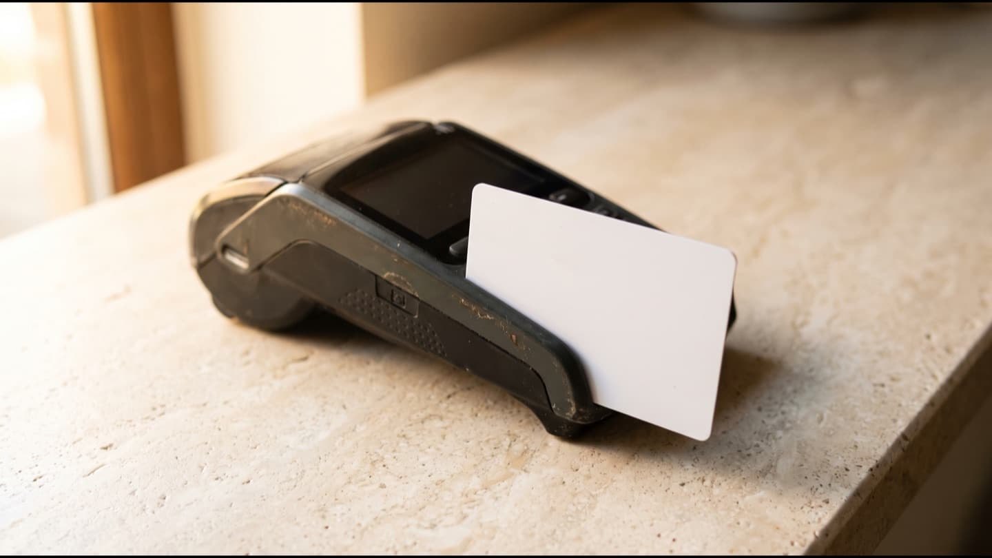 A plain unmarked bank card inserted into a handheld card terminal on a pale stone counter, the terminal screen dark, warm daylight from a window, nobody in frame