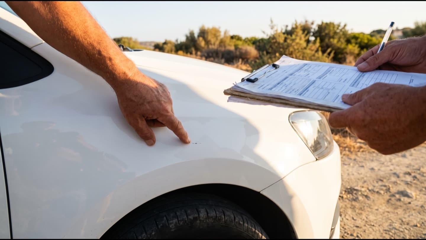 Two people at the front wing of a clean white hatchback outdoors, one hand indicating a small chip in the paint and another holding a clipboard with a vehicle condition form, no faces and no number plate in frame