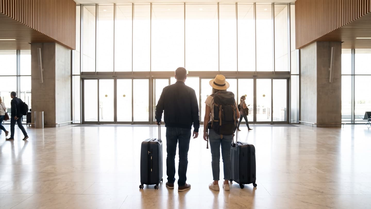 Two travellers seen from behind with wheeled suitcases, standing in a bright modern airport arrivals hall facing the glass doors to the kerbside