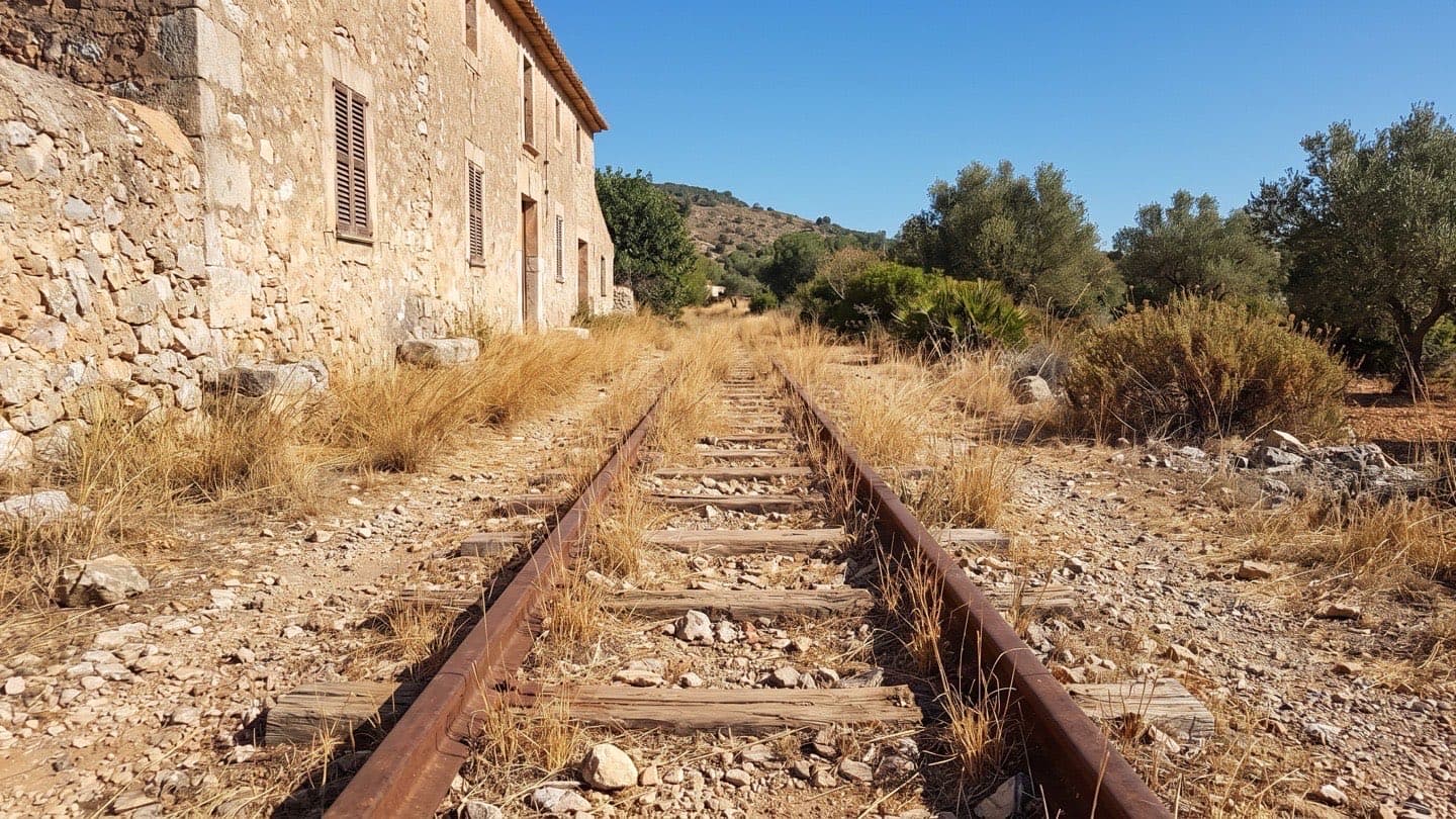A short length of disused narrow-gauge railway track half buried in dry grass and gravel beside an old stone building, nothing running on it