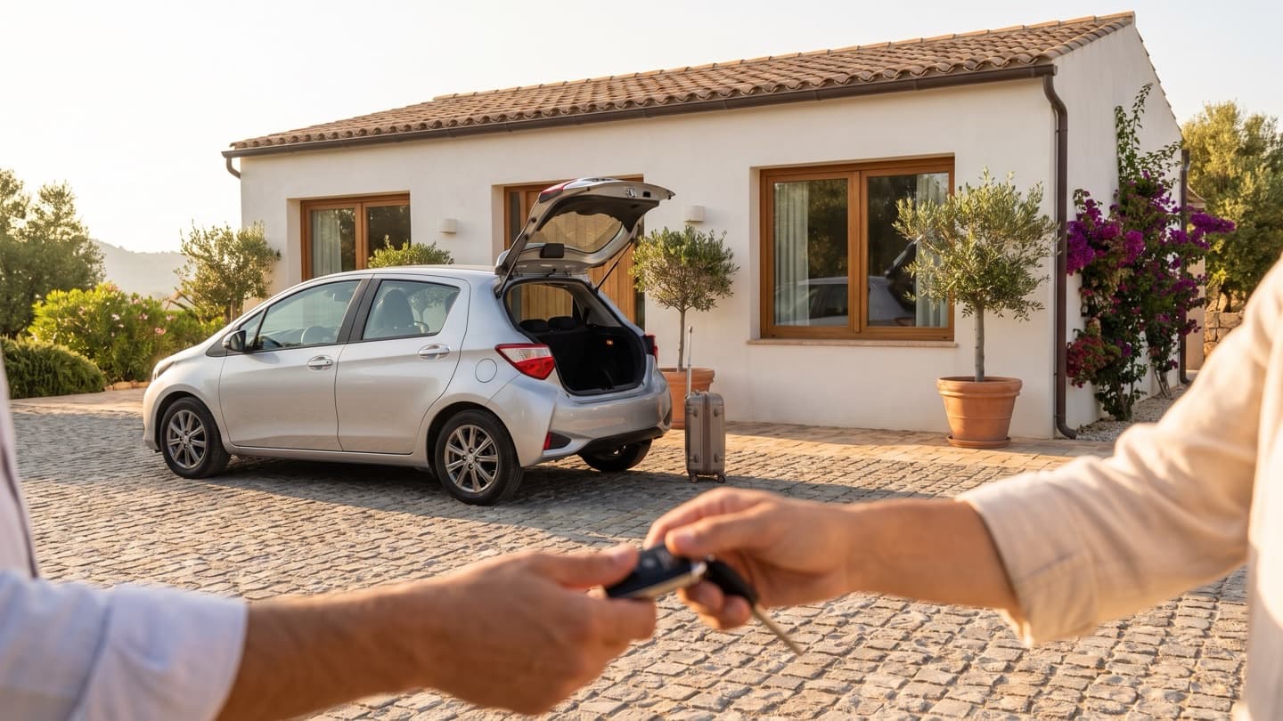 A clean silver compact hatchback parked outside a small Mediterranean building in morning light, boot open with one suitcase beside it, car keys being passed between two hands