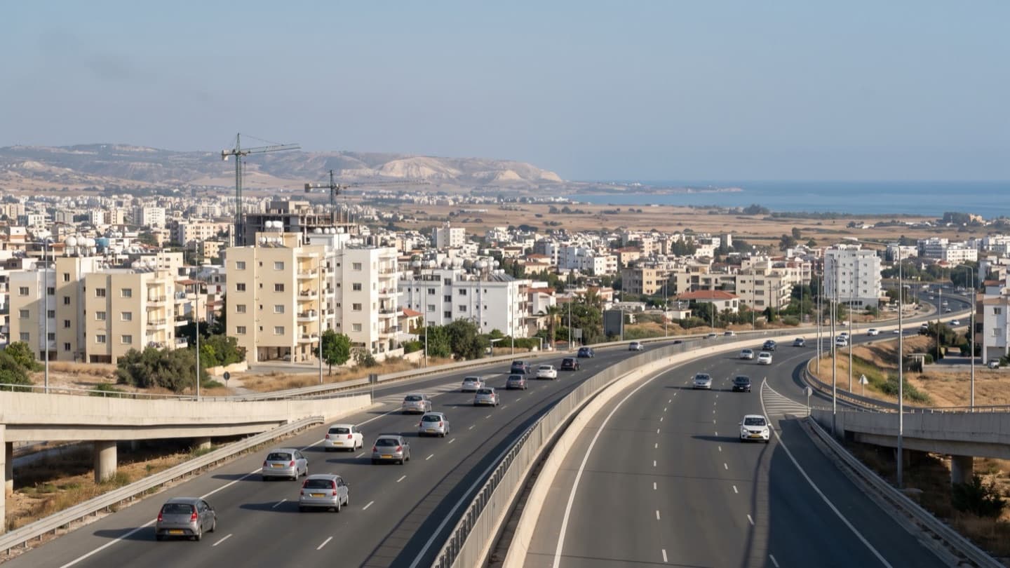An elevated view of a motorway skirting a coastal city in afternoon light, three lanes carrying moderate traffic, pale apartment blocks and construction cranes inland and open sea to one side