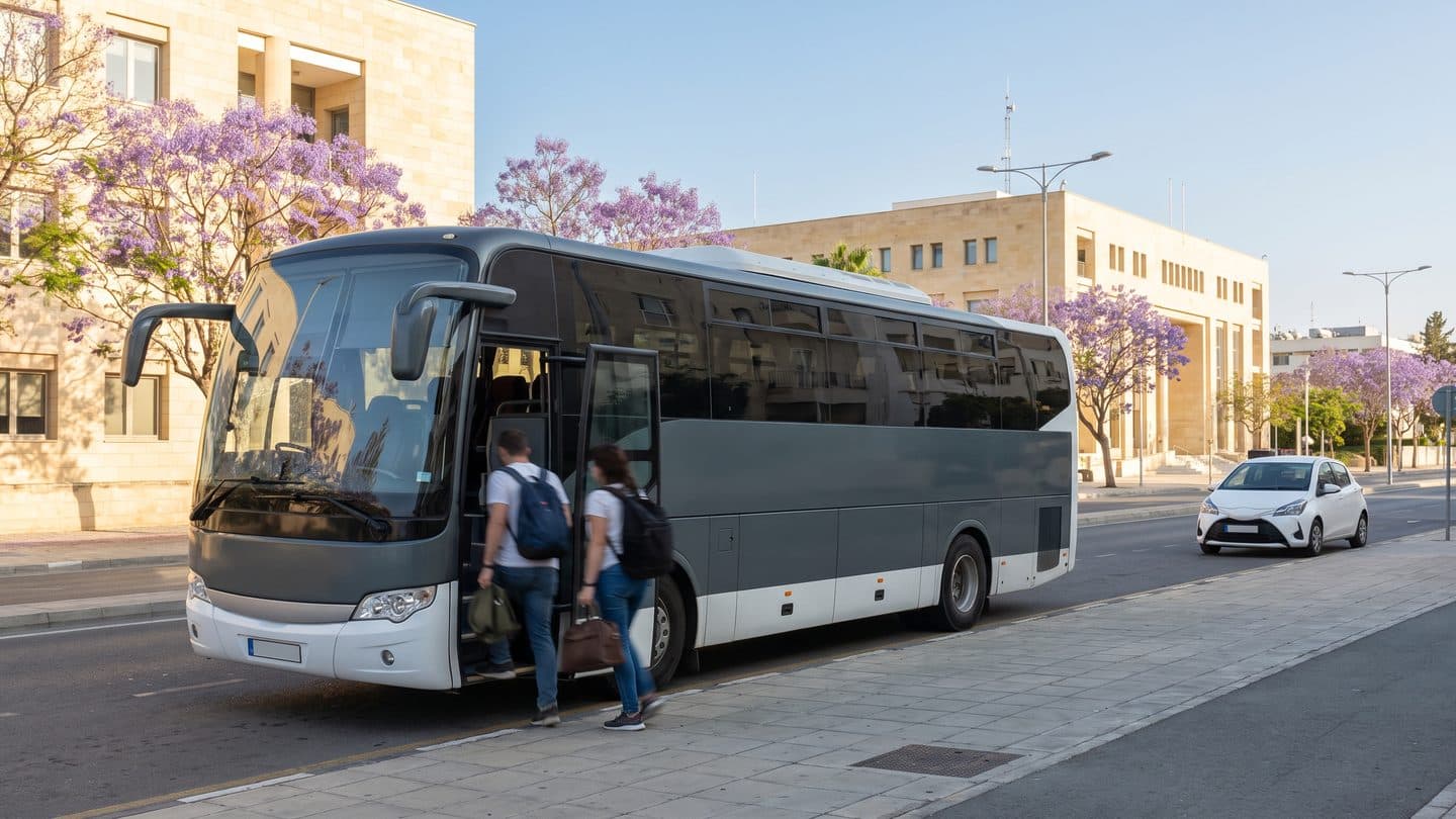 Ein moderner Reisebus an einer Haltestelle am Straßenrand einer breiten Allee in einer zyprischen Stadt, zwei Fahrgäste steigen mit Tagestaschen ein, dahinter Jacaranda-Bäume und helle Steingebäude