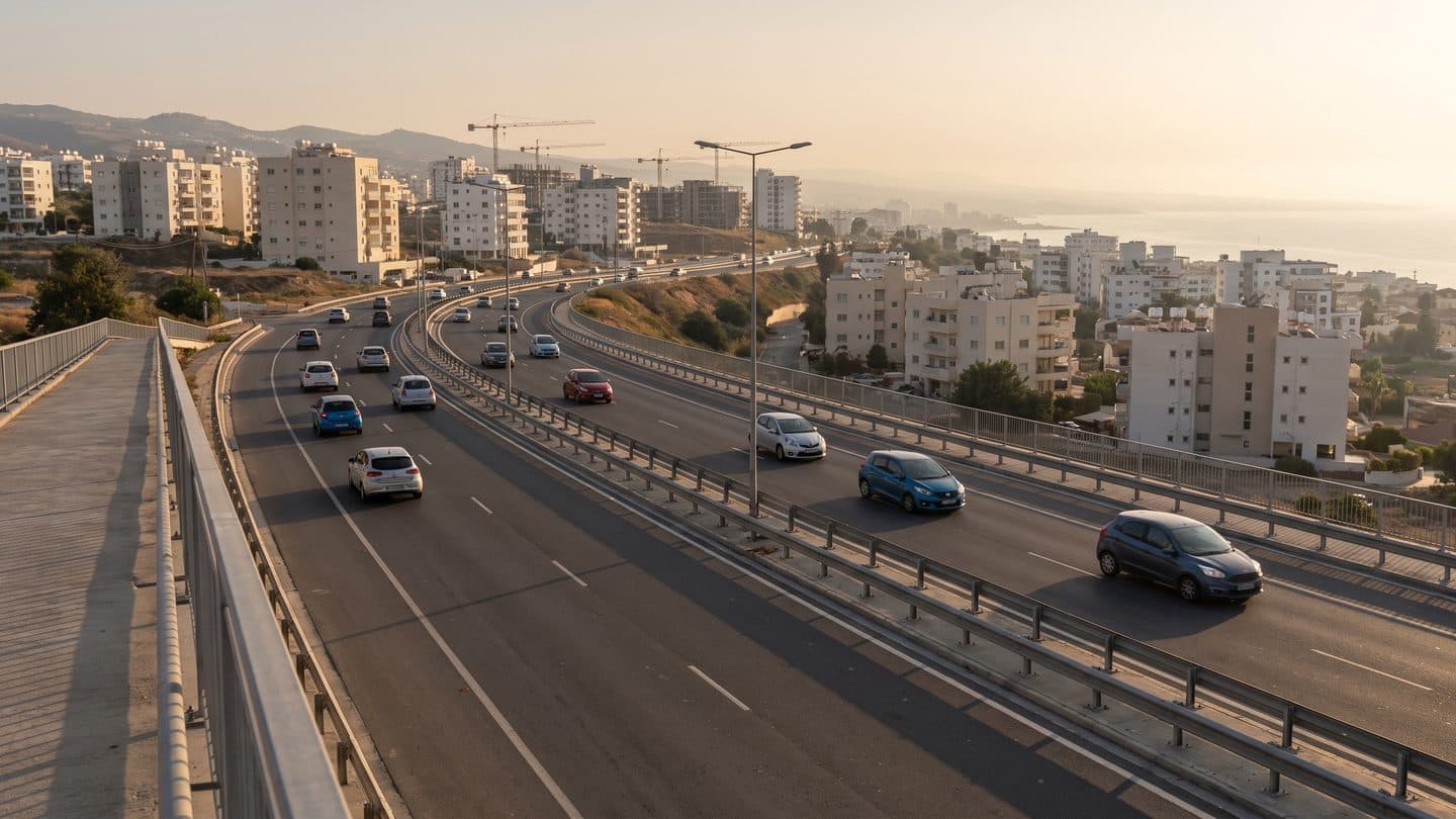 Blick von oben auf eine moderne zyprische Ringstraße, die am späten Nachmittag eine Küstenstadt umfährt, mäßiger Verkehr auf drei Spuren, landeinwärts helle Wohnblocks und Baukräne, am Horizont Dunst über dem Meer