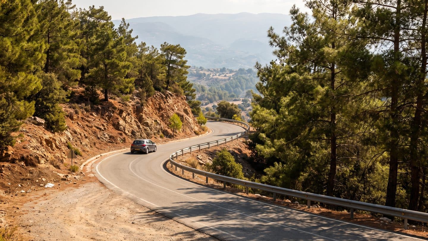 Eine schmale zweispurige Straße in Kehren an einem mit Kiefern bewachsenen Berghang im Troodos-Gebirge, an der Außenseite eine Leitplanke, darunter ein Tal im Dunst