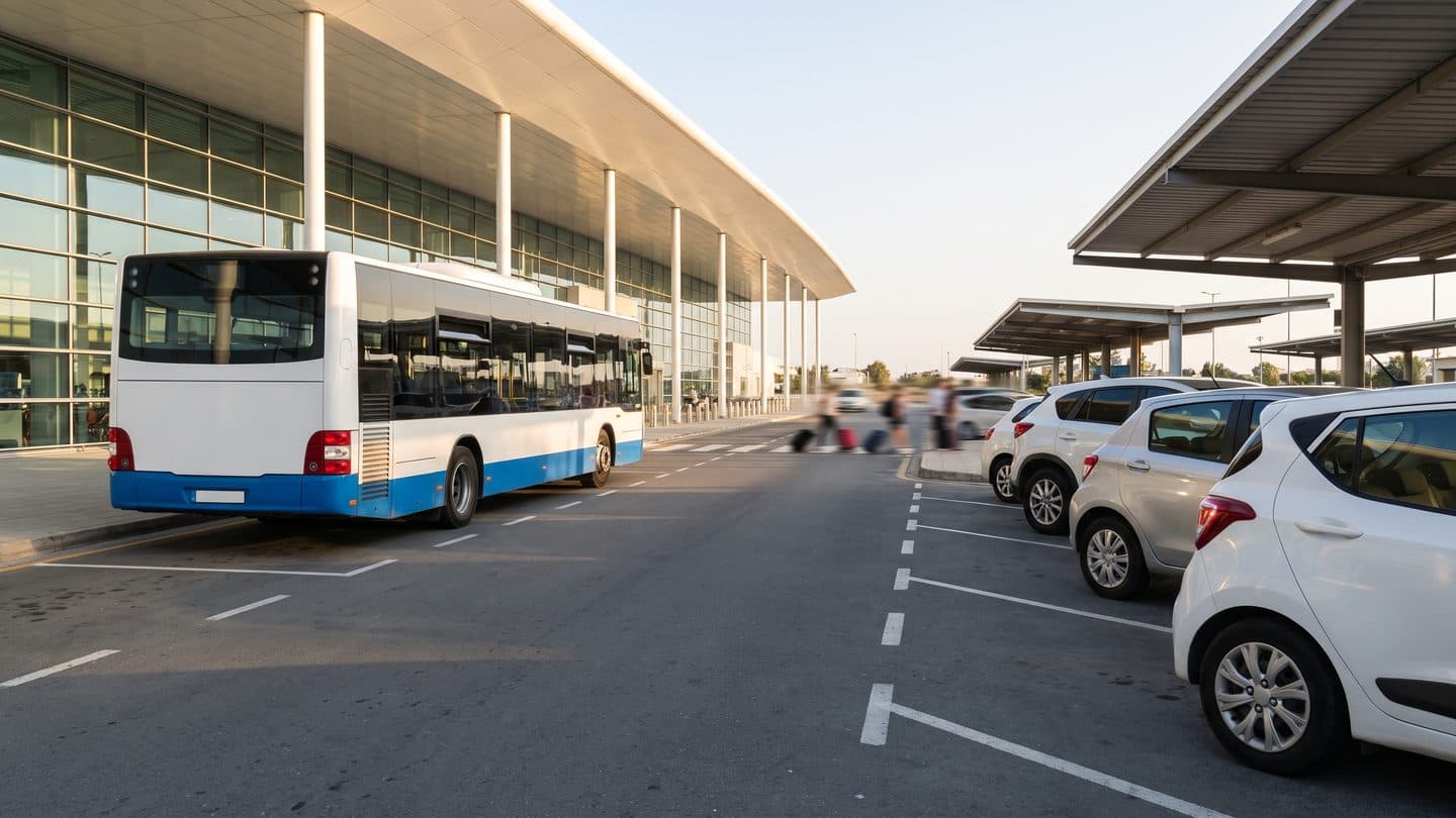 Ein Flughafenbus an einer markierten Bucht neben einer überdachten Reihe geparkter Autos vor einem Terminal