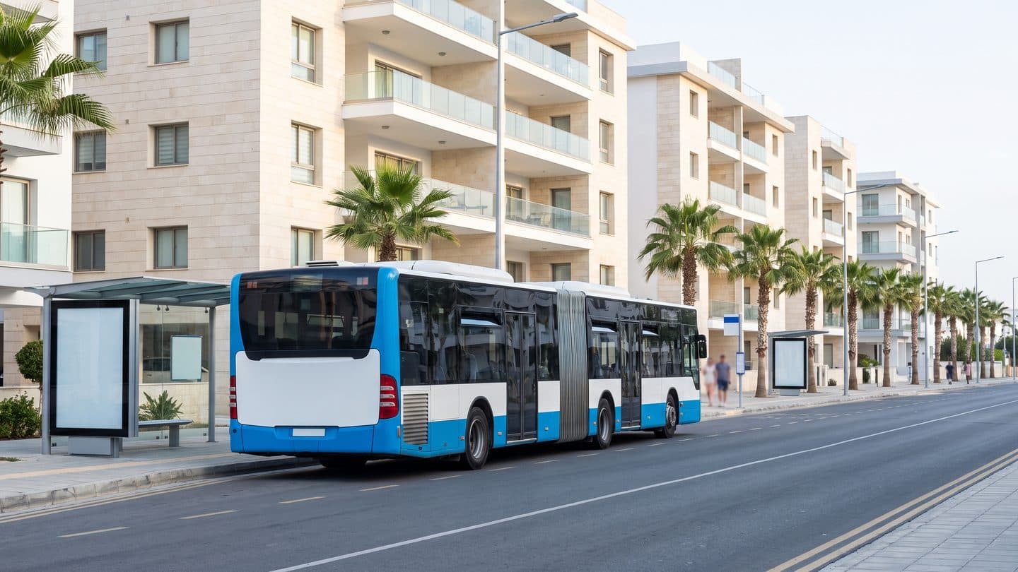 Ein moderner Stadtbus an einer Haltestelle an einer breiten Straße mit neuen Apartmenthäusern aus hellem Stein in einer zyprischen Stadt