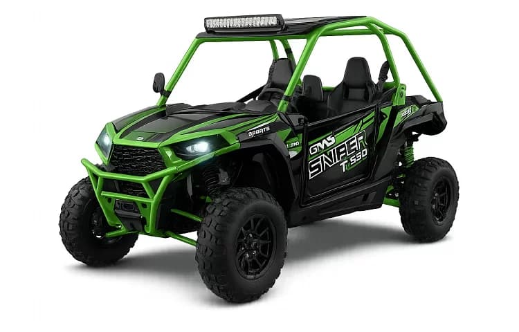 Green and black two-seat BNG-400 Sniper off-road buggy with a roll cage from our Cyprus fleet, from 60 euro a day