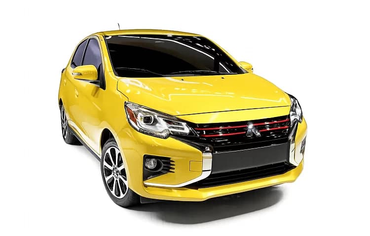 Yellow Mitsubishi Mirage economy hire car for collection at Paphos Airport, from 25 euro a day