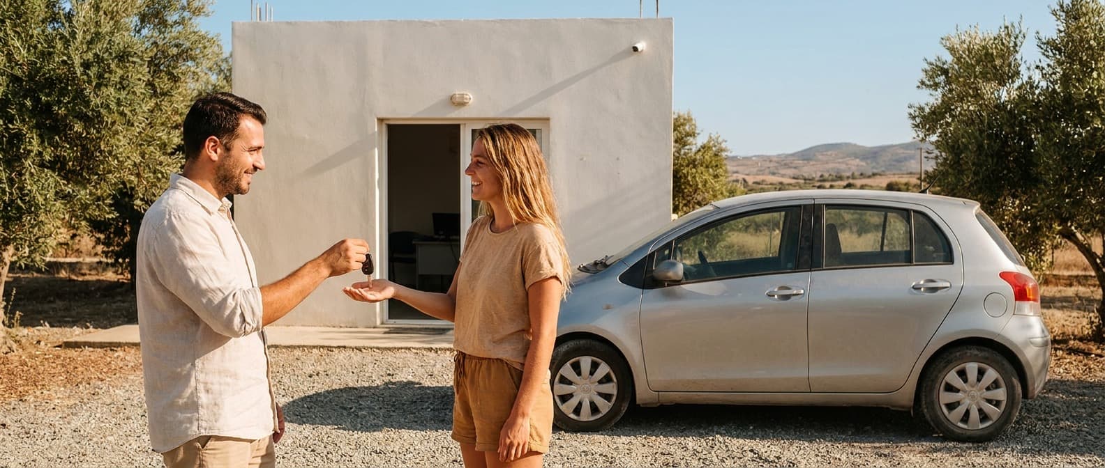 Rental agent handing car keys to a customer outside an office in Paphos, Cyprus
