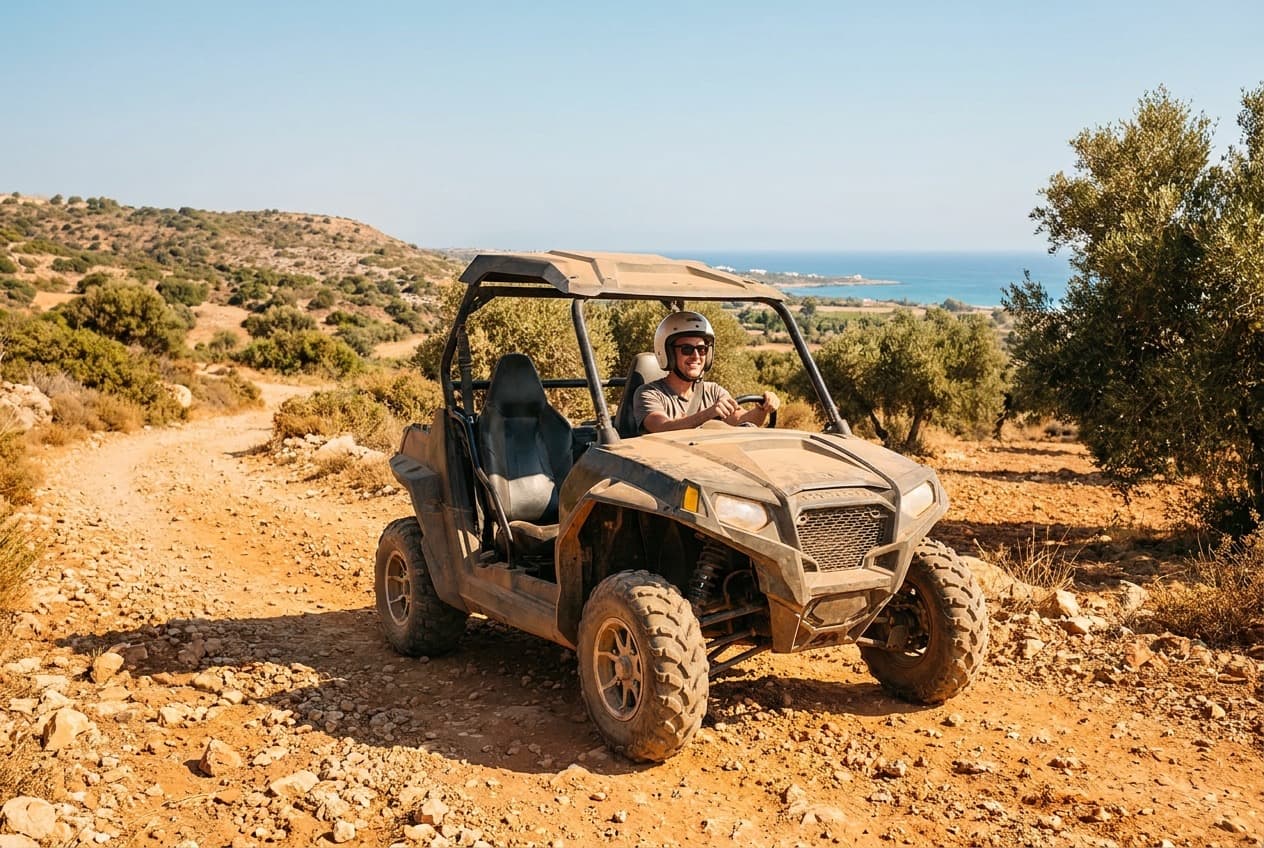 Driver in a helmet at the wheel of a rental buggy in Cyprus