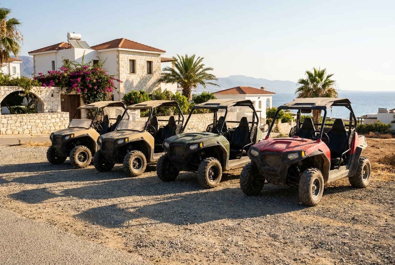 Reihe von Miet-Buggys in der Sonne in einem Ferienort auf Zypern