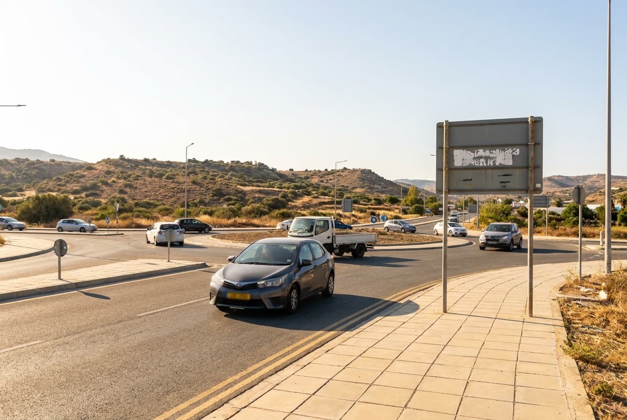 Roundabout on a main road in Cyprus with bilingual signage