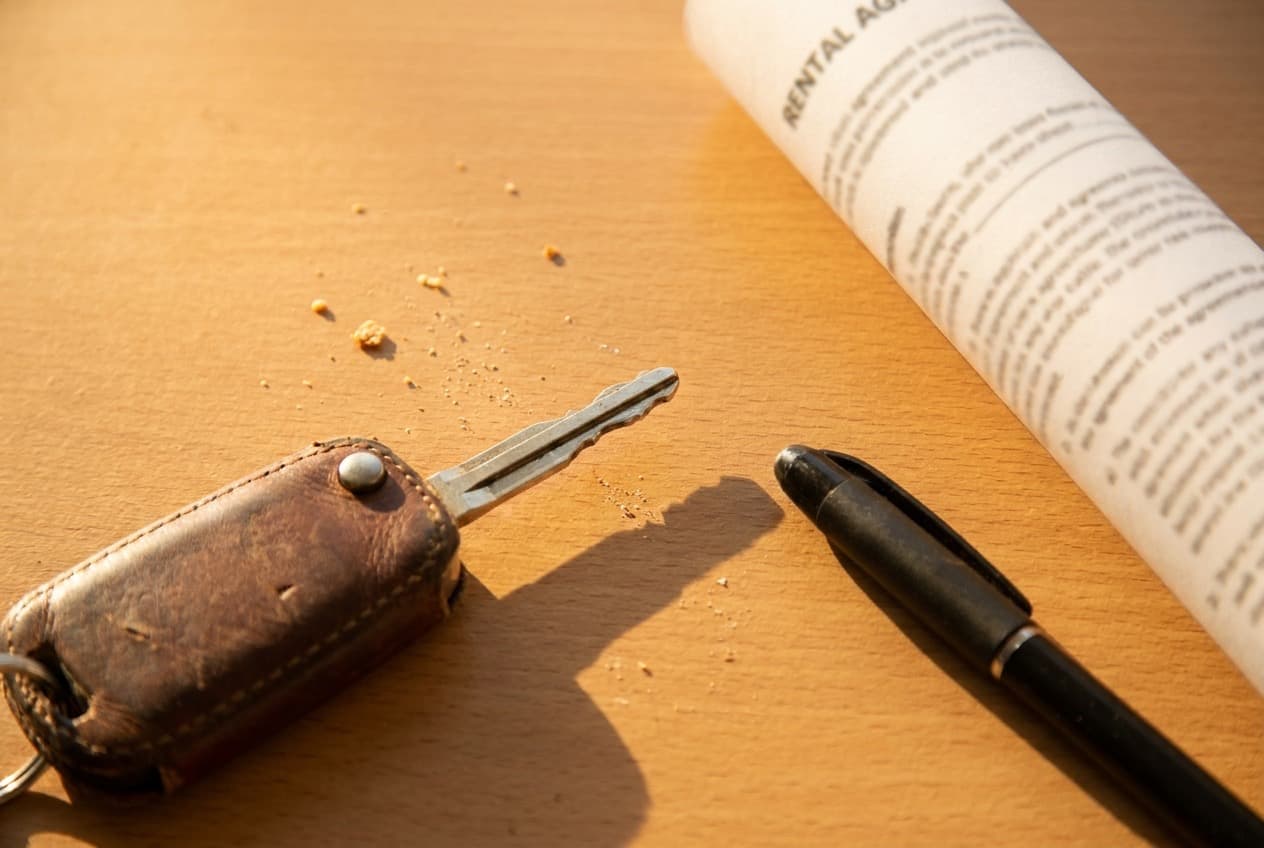 Rental agreement and car key on a desk at a car hire office