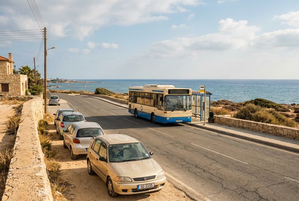 Linienbus und geparkte Mietwagen an einer Küstenstraße auf Zypern