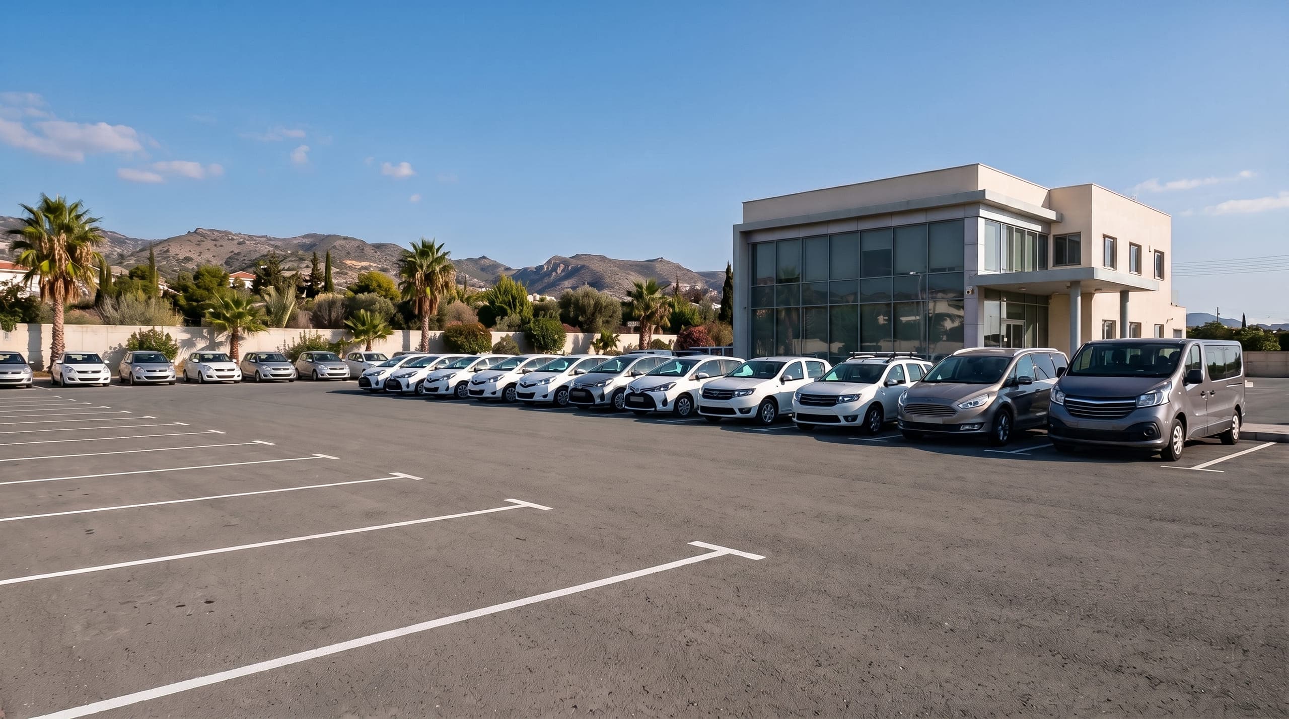 Compact cars, an SUV and a van parked in rows on a large forecourt beside a modern vehicle rental office in Cyprus, in clear afternoon light