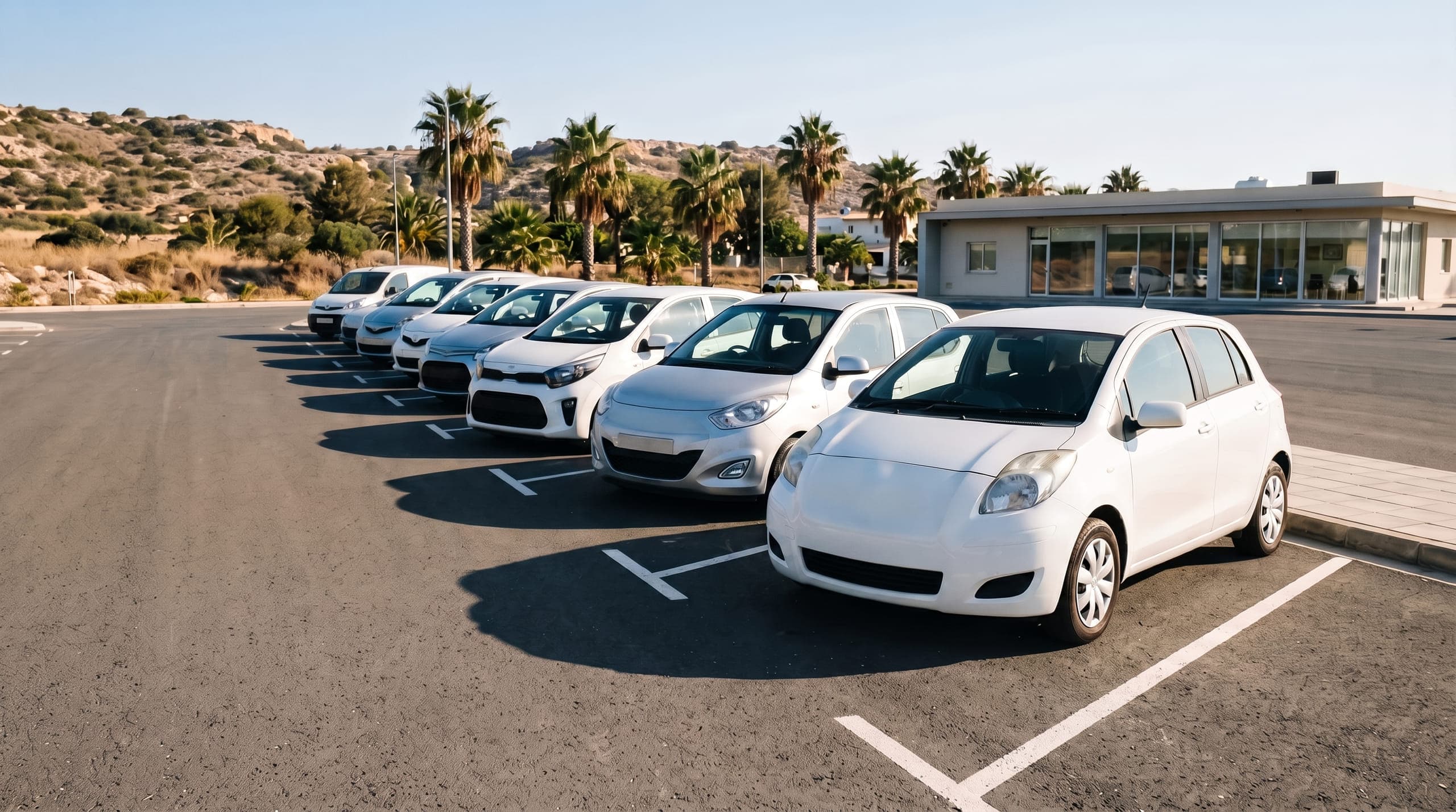 Row of small white economy hatchbacks parked on a rental forecourt in Cyprus, with a modern low office building behind them in morning light