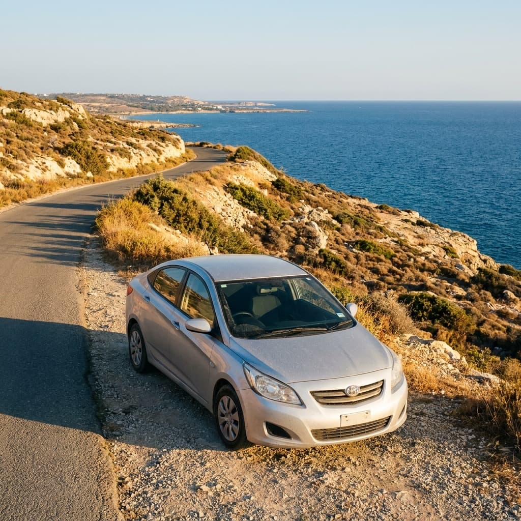 Sealed coast road east of Paphos, Cyprus, the kind of route a hire car collected at Paphos Airport is for