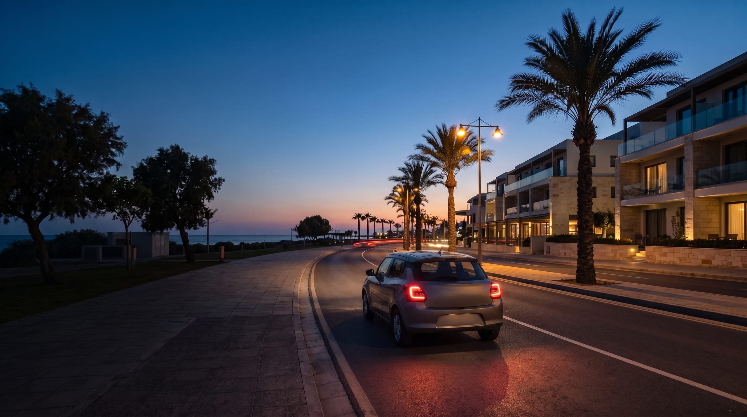 Small hatchback driving away along a modern palm-lined seafront boulevard on the Cyprus coast at dusk, with lit low-rise buildings along the road