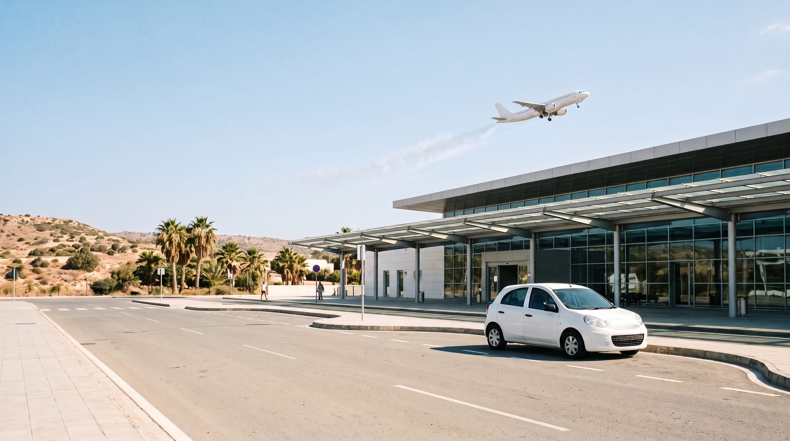 Small white hatchback waiting at the kerb outside a modern airport terminal in Cyprus, with an unmarked airliner climbing overhead