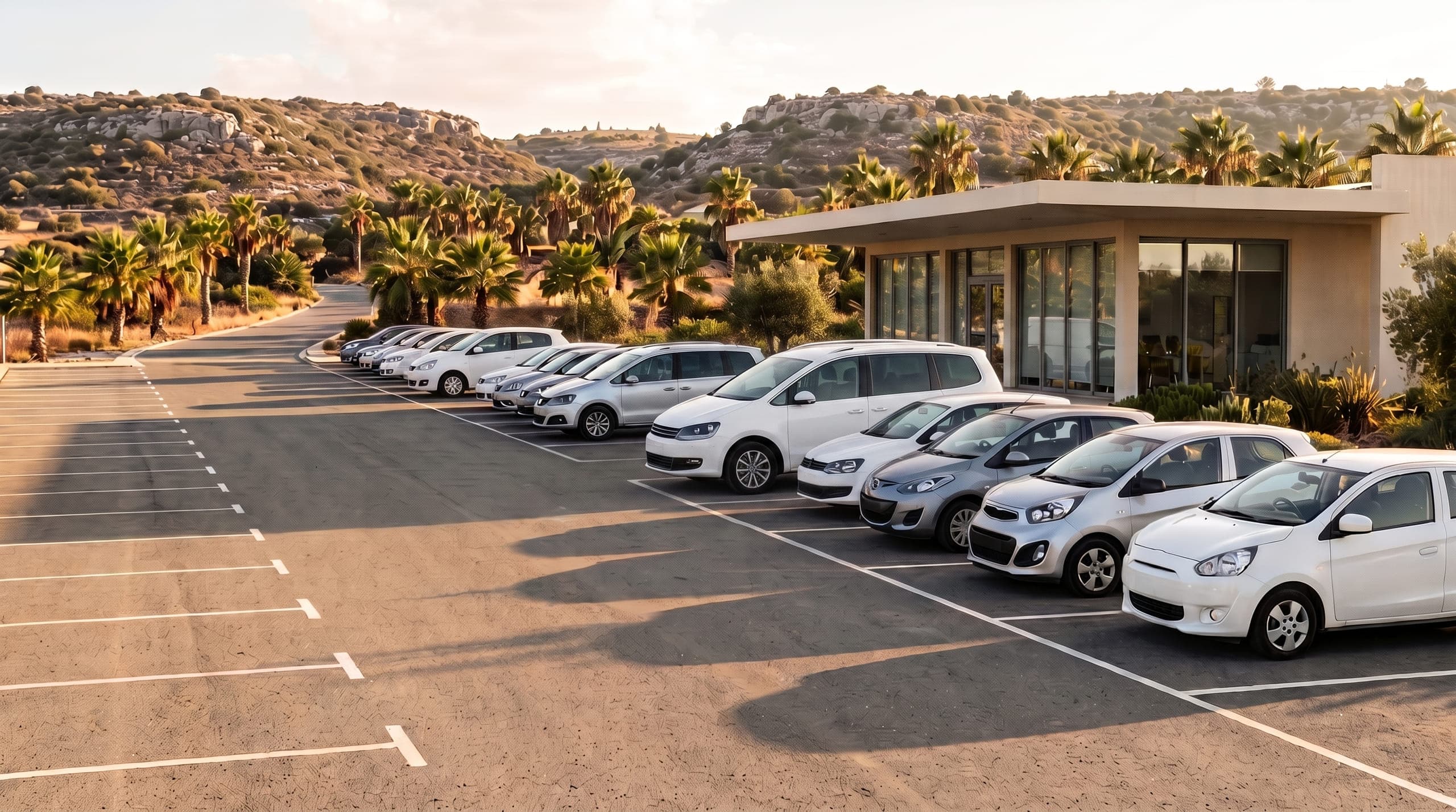 Compact cars and two seven-seat MPVs parked in rows on a large forecourt beside a modern vehicle rental office in Cyprus, in low golden light