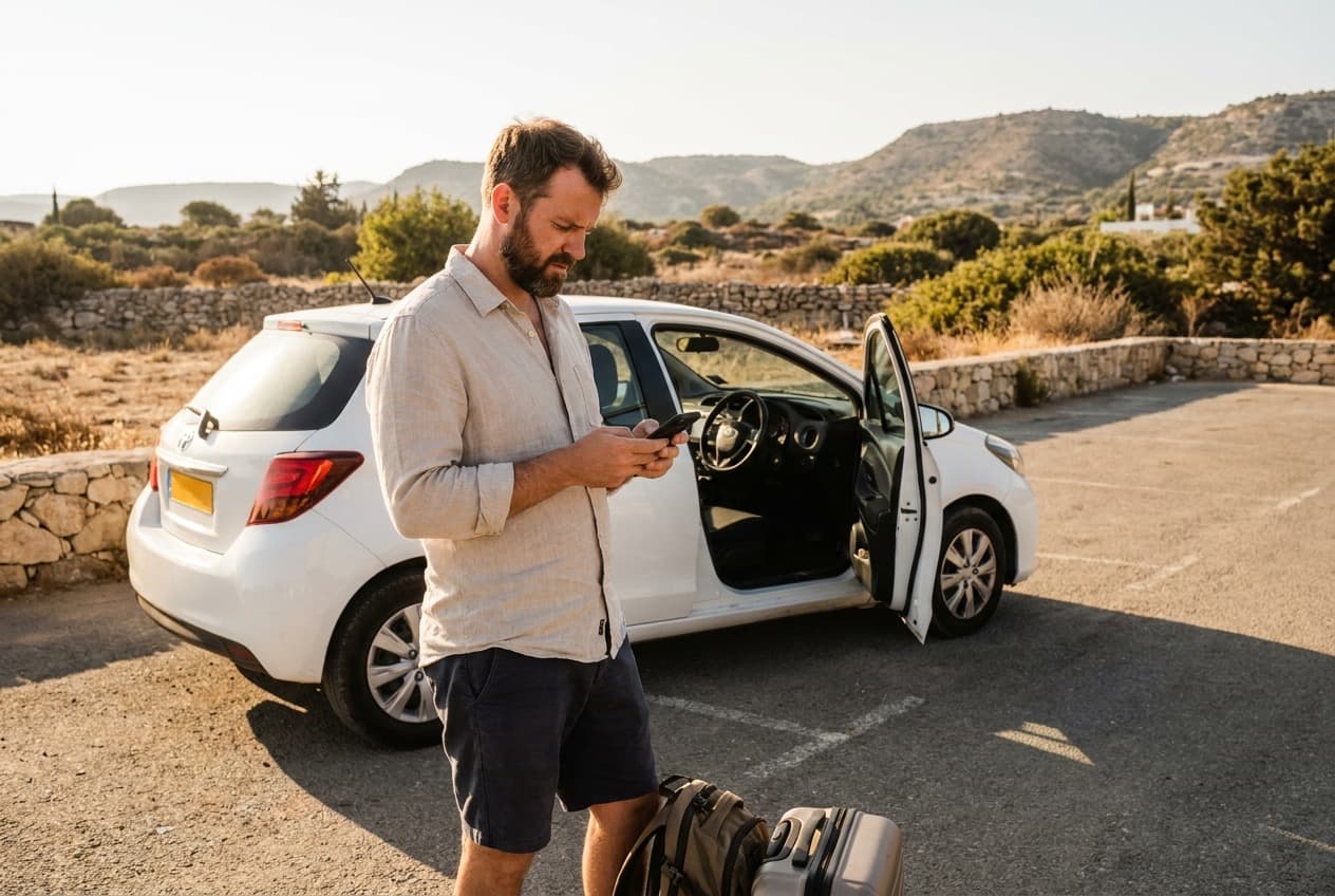 Kunde prüft Mietdetails auf dem Telefon neben einem Mietwagen in Paphos, Zypern