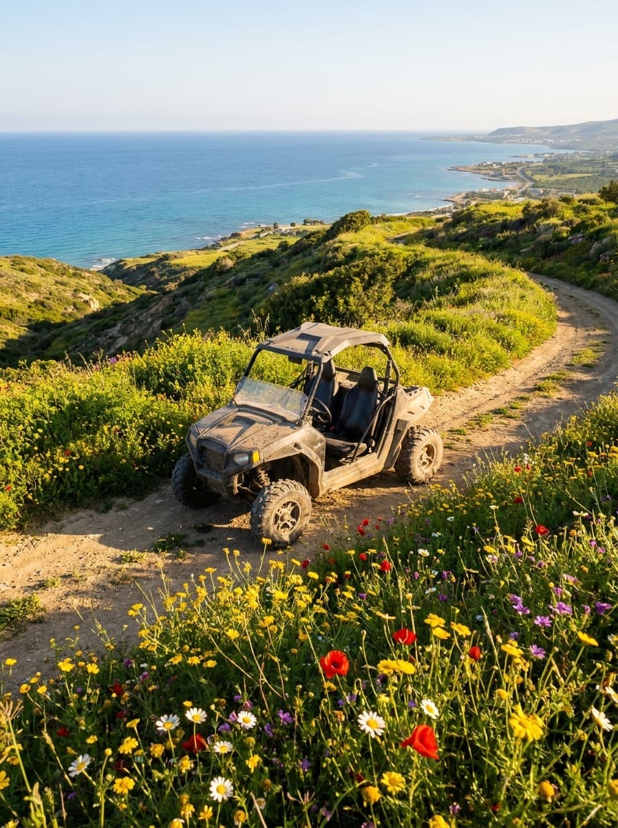 Miet-Buggy auf einer Frühlingspiste über dem Meer im Westen Zyperns