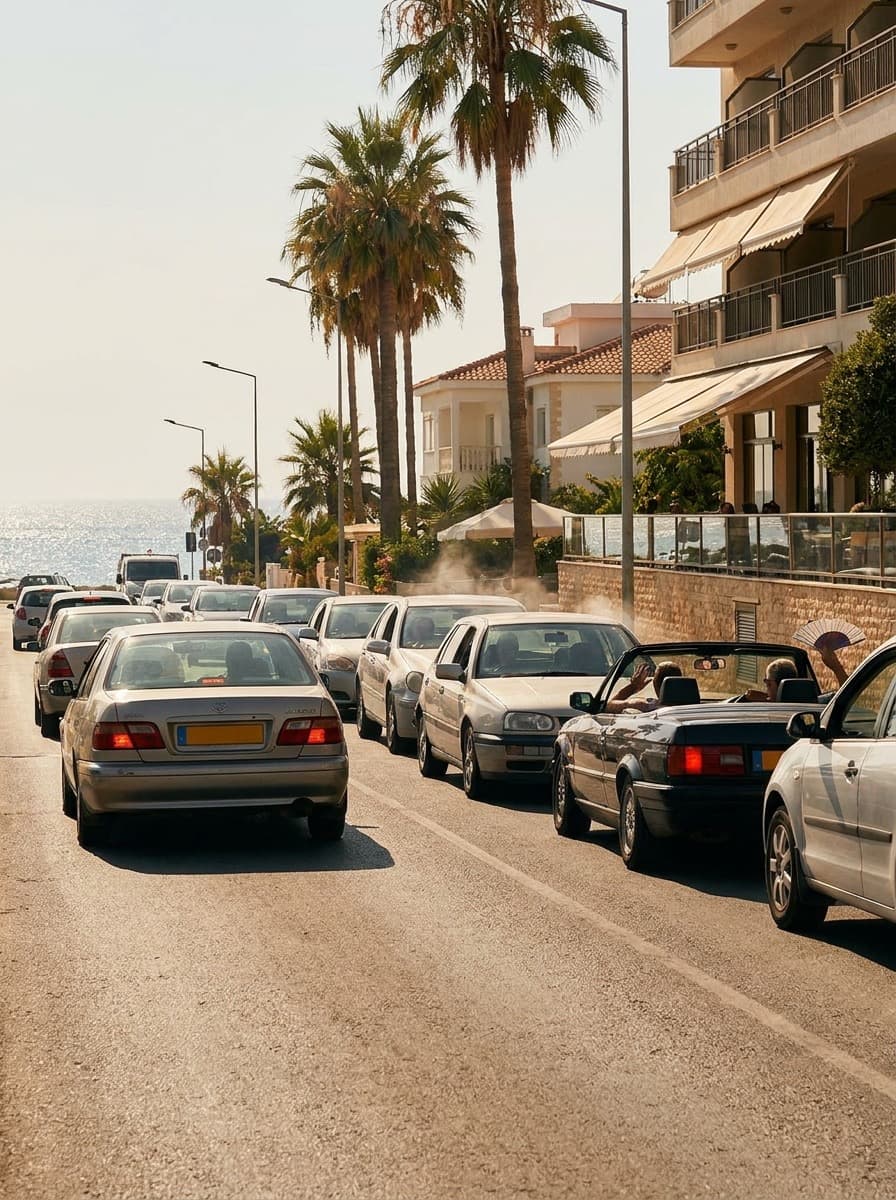 Belebte Küstenstraße bei Paphos, Zypern, im Sommerverkehr