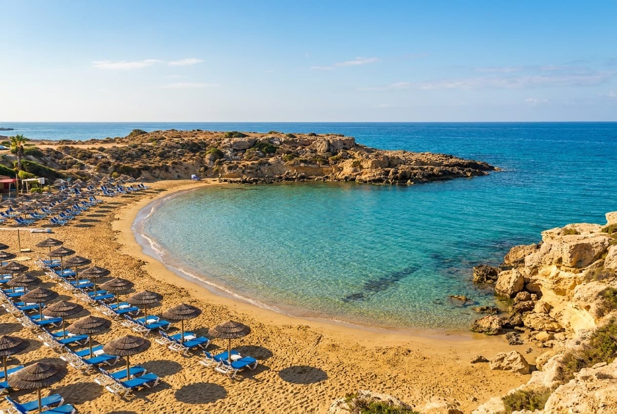 Sandy bay and headland at Coral Bay near Paphos, Cyprus, where we deliver hire cars to hotels and villas