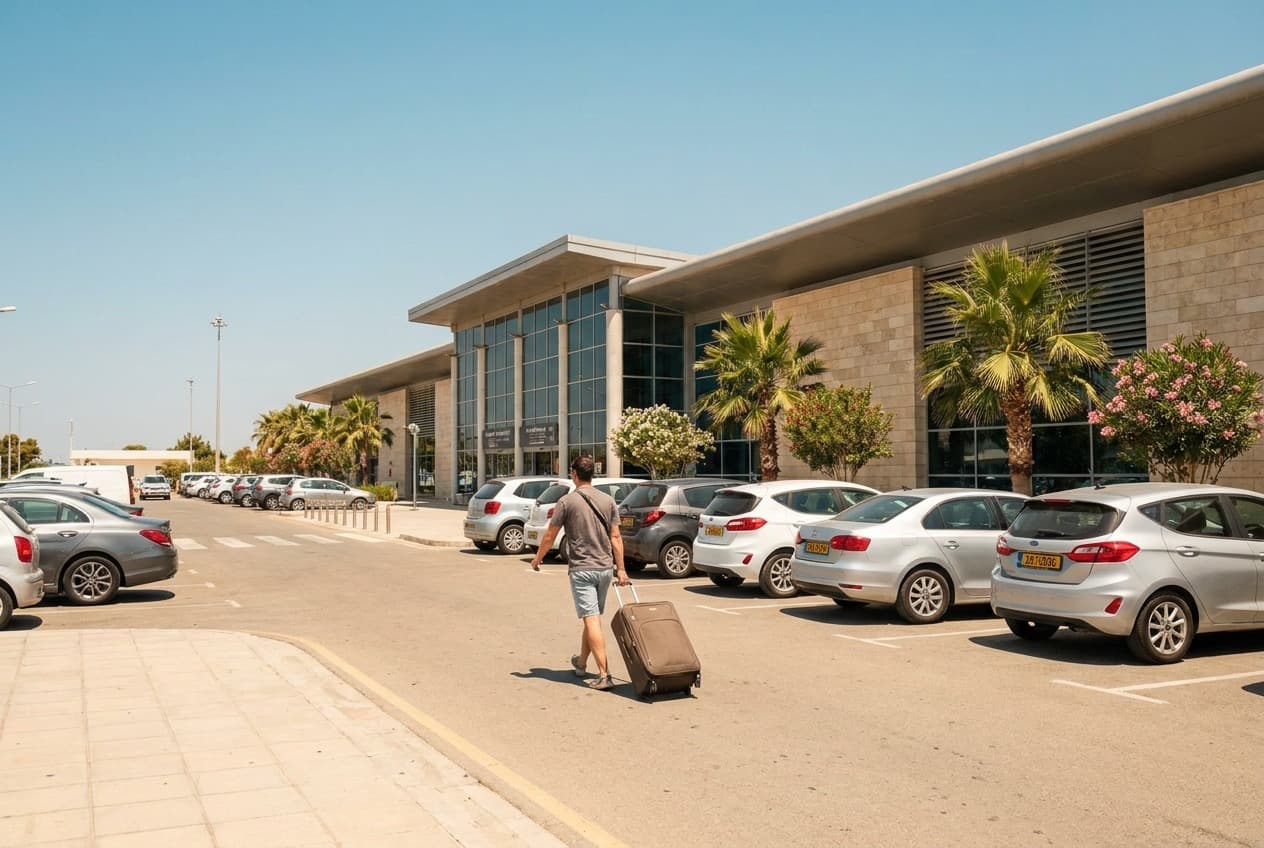 Terminal frontage at a Cyprus international airport, where in-terminal rental desks sit in Arrivals