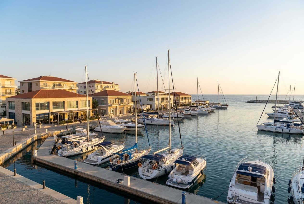 Yachts moored along the waterfront at Limassol Marina in Cyprus, with apartment blocks and low stone buildings behind, in late afternoon light