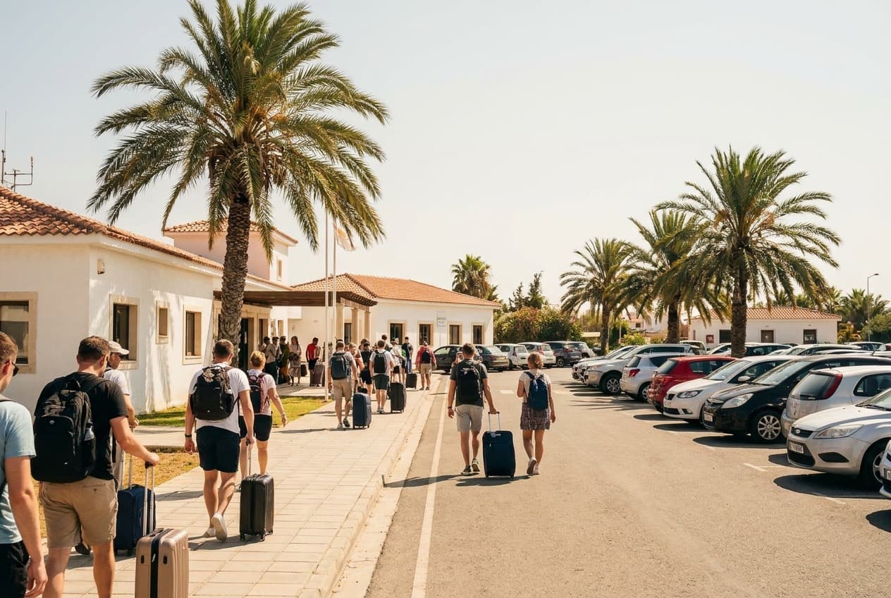 Terminal frontage at Paphos International Airport, Cyprus, where the five in-terminal rental desks sit in Arrivals