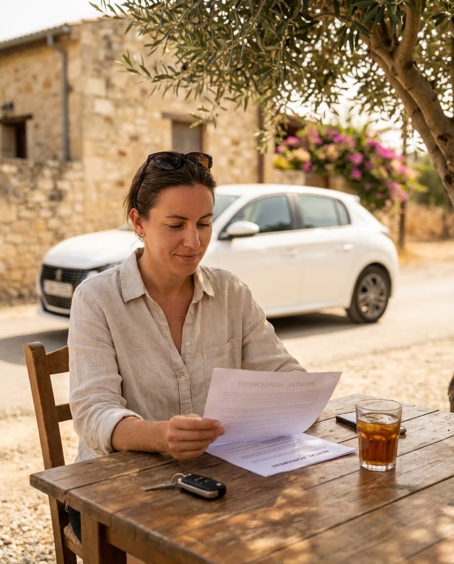 Kunde liest den gedruckten Mietvertrag vor der Unterschrift, in Paphos, Zypern